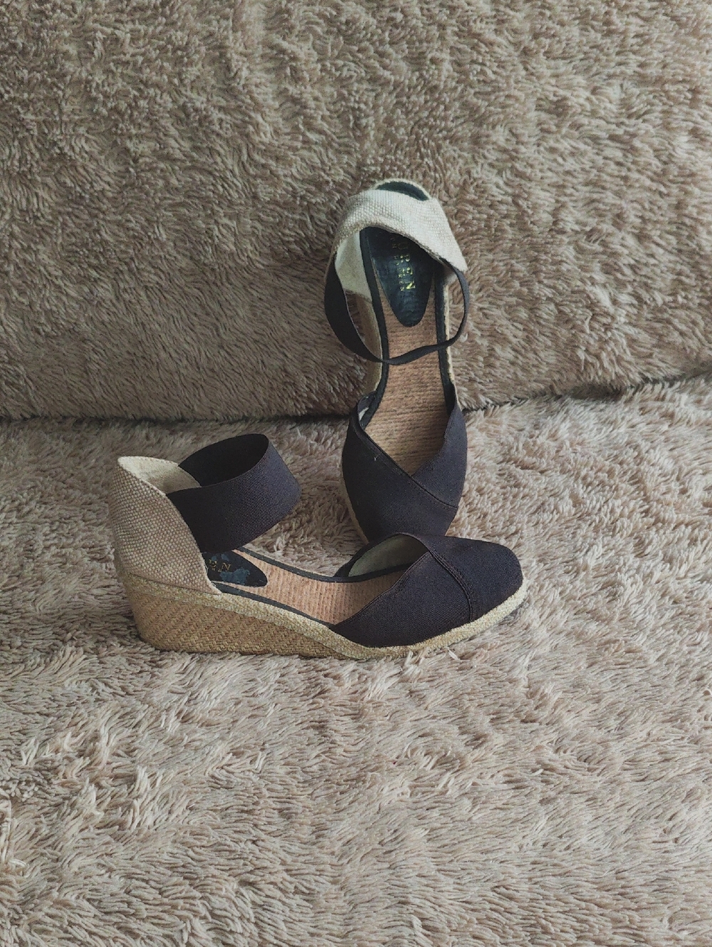 Polo by Ralph Lauren Black and Tan Espadrille Wedge Sandals